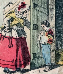 Le Père Fouettard, französische Figur des Peitschenvaters, legendäre Figur des Folklore, die unartige Kinder bestraft: seine Frau, La Mère Fouettard, die Peitschenmutter, die reuige Kinder liefert - Epinal-Bild