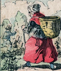 Le Pere Fouettard, französische Figur des Peitschvaters, legendäre Figur des Folklore, die unartige Kinder bestraft: seine Frau, La Mere Fouettard, die Peitschmutter, die die Kinder verfolgt, die die Schule schwänzen - Epinal-Bild
