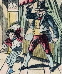Le Pere Fouettard, legendäre Figur des Folklore, die unartige Kinder mit seiner Peitsche bestraft und ungehorsame Kinder einsperrt, Epinal-Bild