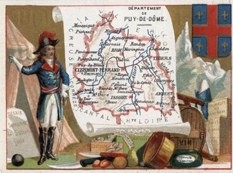 Le Puy-de-Dôme (63), Auvergne, Frankreich. Porträt von Louis Charles Antoine Desaix (1768-1800), Besteck, Wein, Aprikosenkompott. Serie über die französischen Departements. Chromolithographie „der geografische Faden“, um 1920. Private Sammlung.