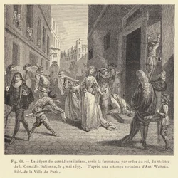 Abreise der italienischen Komödianten nach der Schließung des Theaters der Comédie-Italienne auf Befehl des Königs am 4. Mai 1697 (Stich)