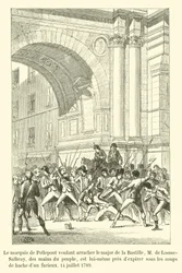 Der Marquis de Pellepont versucht, den Major der Bastille, M. de Losme-Salbray, aus den Händen des Volkes zu retten, wird aber selbst am 14. Juli 1789 von einem wütenden Mann mit einer Axt schwer verletzt
