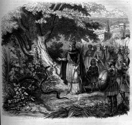 Legende von Karl dem Großen und der Schlange: Der Kaiser vor dem Nest der Schlange, das von einer Kröte bewohnt wird. Gravur von 1852.