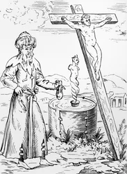 Legende vom Juden, der den Teufel aus einem Gefäß mit Blut ruft, nach einem Holzschnitt in Histoires Prodigieux von Pierre Boaistuau, veröffentlicht 1560