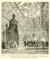 Der Kaiser und die Kaiserin empfangen die Glückwünsche der großen Staatsorgane im Thronsaal, 3. April 1810