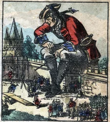 Lemuel Gulliver sitzt auf der Stadtmauer und erklärt der Lilliputanischen Armee die Strategie. Illustration für "Gullivers Reisen" von Jonathan Swift. Epinal-Bildgebung Ende des 19. Jahrhunderts.