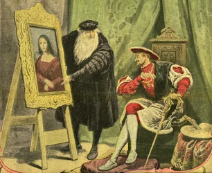 Leonardo da Vinci präsentiert sein Gemälde La Mona Lisa (Mona Lisa, Monna Lisa) an Franz I., der es 1517 für 4000 Goldgulden (15 Kilo Gold) kaufte. Gravur auf dem Titelblatt des illustrierten Supplements des Petiure Journals Nr. 1206, 28/12/1913.