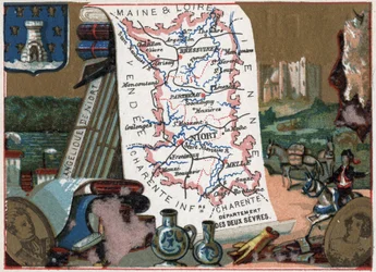Les Deux Sevres (Deux-Sevres, 79), Poitou Charente (Poitou-Charente), Frankreich. Niorts Engel. Serie über die französischen Departements. Chromolithographie „der geografische Faden“, um 1920. Private Sammlung