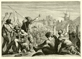 Die Israeliten jubeln, als sie die heilige Lade in ihrem Lager sehen (Gravur)