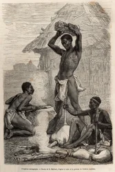 Die Schmiede Mannganyas, in einem Dorf entlang des Loualaba-Flusses (heutiger Kongo-Fluss), Gravur nach einer Zeichnung von D. Maillard, zur Illustration von David Livingstones letztem Tagebuch (1813-1873), 1866-1873, veröffentlicht in „Le tour du monde“ 1