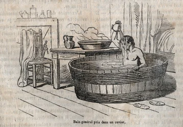 Die Gesten des Bades - Hygiene im 19. Jahrhundert - Bad in einer Schüssel - Gravur in „La Sante Universelle - Guide Medical des Familles“ 1852