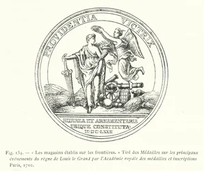 Die an den Grenzen errichteten Lagerhäuser, aus den Medaillen zu den wichtigsten Ereignissen der Herrschaft von Ludwig dem Großen von der Königlichen Akademie der Medaillen und Inschriften Paris