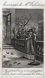 Die Vögel von Madame Helvétius (Anne Catherine Helvétius) in „Ratschläge an meine Tochter“ von Jean Nicolas Bouilly (1763-1842). 1820. Private Sammlung