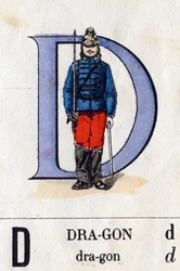 Buchstabe D als Drache. Militäralphabet. Bild von Epinal, um 1870-1880. Schablonenfarbige Holzschnitte. Private Sammlung