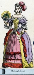 Buchstabe D wie Frau Dubarri. Porträt von Jeanne Becu, genannt de Cantigny, Gräfin du Barry (1743-1793), Favoritin von Ludwig XV., König von Frankreich. Abecedarium des Theatralmuseums. Bild von Epinal, um 1830.