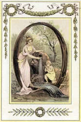 Buchstabe Q, der eine Mutter und ihren Sohn darstellt, die Wasser aus der Quelle trinken, späte 19. Jahrhundert (Chromolithographie)