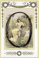 Brief, der eine schaukelnde Mutter und ihren Sohn darstellt, späte 19. Jahrhundert (Chromolithographie)