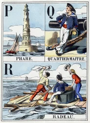 Buchstaben P wie Leuchtturm, Q wie Quartiermeister, R wie Floß. Marine-Abecedarium mit 16 Seiten, das ein Alphabet in Großbuchstaben enthält. Epinal-Bild, Ende des 19. Jahrhunderts. Schablonierte Holzschnitte Dim: 21x14,5cm