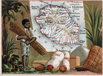 Die Insel La Réunion, Frankreich (heute Überseedepartements). Serie über die französischen Kolonien. Import von Kaffee, Trauben, Baumwolle, Zimt, Kakao und Zucker. Chromolithographie „der geografische Faden“, um 1920. Private Sammlung.