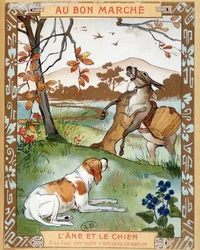 Der Esel und der Hund, Fabel von La Fontaine - Bon Marché Werbeetikett