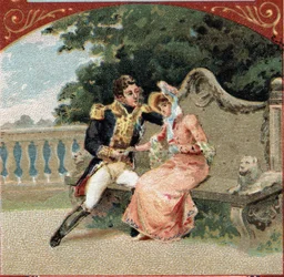 Louis Alexandre Berthier (1753-1815), Prinz von Wagram, mit Madame Visconti, seiner Geliebten, im Schloss von Grosbois. Chromolithografie aus dem späten 19. Jahrhundert