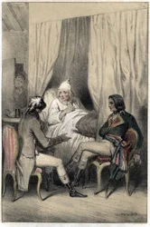 Louis Antoine Fauvelet de Bourienne (1769-1834), französischer Diplomat und Verwalter, und General Napoleon Bonaparte (1769-1821) bitten einen kranken alten Kapitalisten um Geld für den Italienfeldzug. Platte aus „Scenes de la vie des hommes famous“ Gravur