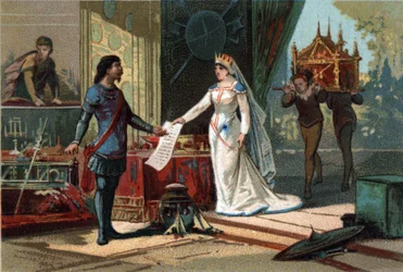 Ludwig II., genannt der Stammler (846-879), König von Frankreich, erhält von seiner Schwiegermutter Richilde von den Ardennen das Testament und den Schatz seines Vaters Karl II. Chromolithographie um 1890.