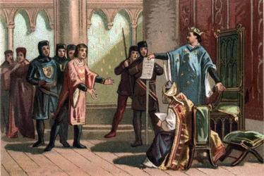 Ludwig VIII., genannt „Der Löwe“ (1187-1226), antwortete stolz und heftig einem Gesandten des englischen Königs Heinrich III. Chromolithographie um 1890.