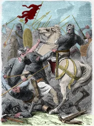 Ludwig VI genannt „Der Dicke“ (1081 - 1137), in der Schlacht von Brenneville, versuchte 1119, die Normandie von König Heinrich I. von England zu erobern. Gravur in „Histoire De France En Cent Tableaux“ von Paul Lehugeur 1891