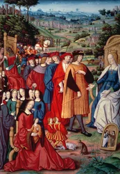 Ludwig XII., Kardinal Georges von Amboise (1462-1515), Anne von Bretagne und Claude von Frankreich, aus Remedies and Fortunes von Petrarca, 1503