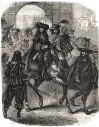 Ludwig XIV. (1638-1715) und seine Frau Maria Theresia von Österreich (1638-1683) zogen 1660 in Paris ein. Gravur in „Geschichte Frankreichs“ von L.-P. Anguetil