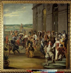 Ludwig XIV. gefolgt vom Grand Dauphin reitend vor der Grotte von Thetis (Thetys) in Versailles. König Ludwig XIV. (1638-1715) und sein Sohn Louis von Frankreich, genannt der Grand Dauphin (1661-1711), vor der Grotte von Thetis (Thetys), umgeben von Höfling