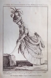 Mode unter Ludwig XVI.: ein Fußporträt einer jungen Frau in einem polnischen Kleid aus gestreiftem Taft. Gravur von 1778. Paris, dekorative Künste