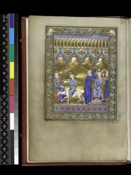David, thronend, sendet Salomo zu Zadok und Nathan, die ihn krönen und salben, aus dem Psalter und Stundenbuch der Isabella von Frankreich, Paris, um 1265-70