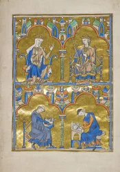 MS M.240 f.8r, Blanche von Kastilien und König Ludwig IX. von Frankreich und unten: Autor diktiert einem Schreiber, Bibel von Saint Louis (Moralische Bibel), wahrscheinlich Paris