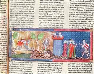 Lancelot beweist seine Liebe zu Guinevere, indem er einen Fluss überquert, der von einem scharfen Schwert überbrückt wird, aus dem Roman de Lancelot du Lac, 1344