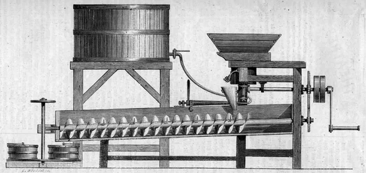 Maschine zur Herstellung von Betonmörtel. Gravur in „Le Monde Illustré“ Nr. 55 vom 1. Mai 1858.