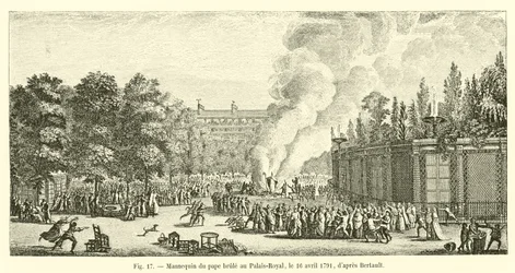 Puppen des Papstes verbrannt im Palais-Royal, am 16. April 1791, nach Bertault