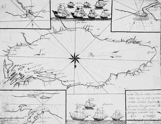 Karte des Ontariosees mit den englischen und französischen Flotten
