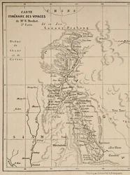 Karte von Laos und dem Mekong-Fluss, die die Route der Reise von Henri Mouhot zeigt, Illustration aus Reisen in den zentralen Teilen von Indochina (Siam), Kambodscha und Laos in den Jahren 1858, 1859