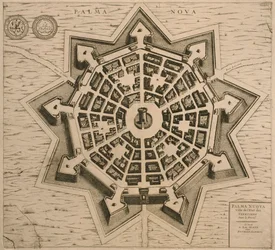 Karte von Palmanova, aus Les Villes de Venetie, 1704, veröffentlicht von Rutgert Alberts in Den Haag