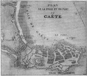 Karte der Stadt und des Hafens von Gaeta, Italien.