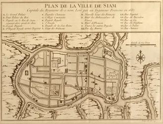 Karte der Stadt Siam, Hauptstadt des gleichnamigen Königreichs, nach einer Vermessung eines französischen Ingenieurs im Jahr 1687, veröffentlicht in der Ausgabe von 1751 von Histoire Generale des Voyages von Antoine Prevost