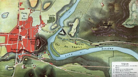 Karte des Landes Lourdes im Jahr 1858, dem Jahr der Visionen von Bernadette Soubirous: Sie zeigt den Standort ihres Hauses und der Höhle. Hochpyrenäen (65). Chromolithographie in "Notre Dame de Lourdes" von Henri Lasserre
