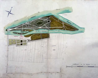 Karte des Gartens von Moulin Joly. Tafel aus dem Atlas der Pläne des Gebiets von Colombes (1780), aufbewahrt im Nationalarchiv.