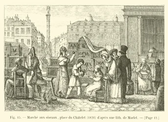 Vogelmarkt, Place du Châtelet, 1820, nach einer Lithographie von Marlet