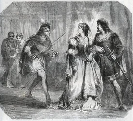 Margarete von Bayern, Herzogin von Burgund (1363-1423) und Königin Isabeau (Isabelle, Elisabeth) von Bayern (1371-1435) trennen Louis I. von Valois, Herzog von Orléans (1372-1407) und Jean Ohnefurcht, Herzog von Burgund (1371-1419), die um die Regierung kä
