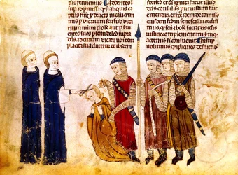 Margarete von Burgund (1290-1315), Ehefrau des französischen Königs Ludwig X., wird wegen Ehebruchs geschoren