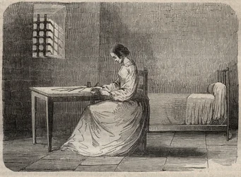 Marie Fortunee Capelle, Marie Lafarge (Madame) (1816-1852) französische Kriminelle in ihrem Gefängnis - Gravur in „Causes celebres de tous les peuples“ von Armand Fouquier (1817-18?) 1858-1867 - private Sammlung