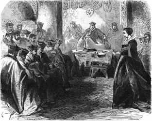 Marie Stuart (1542-1587) während ihres Prozesses im Jahr 1587. In „Histoire de la France“, Gravur des 19. Jahrhunderts.